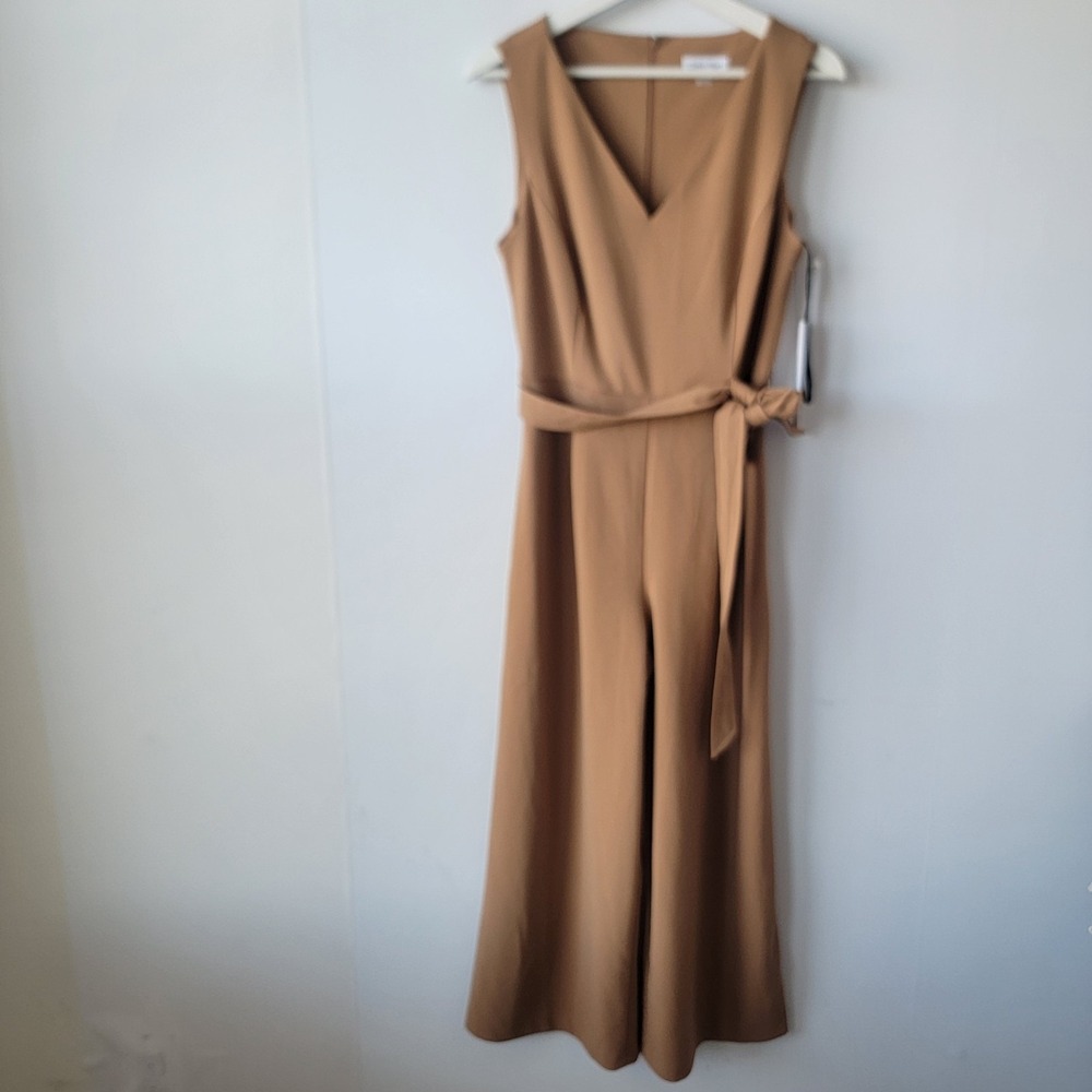 calvin klein women's tan sleeveless V-neck jumpsuit sz 6 tie belt and wide legs